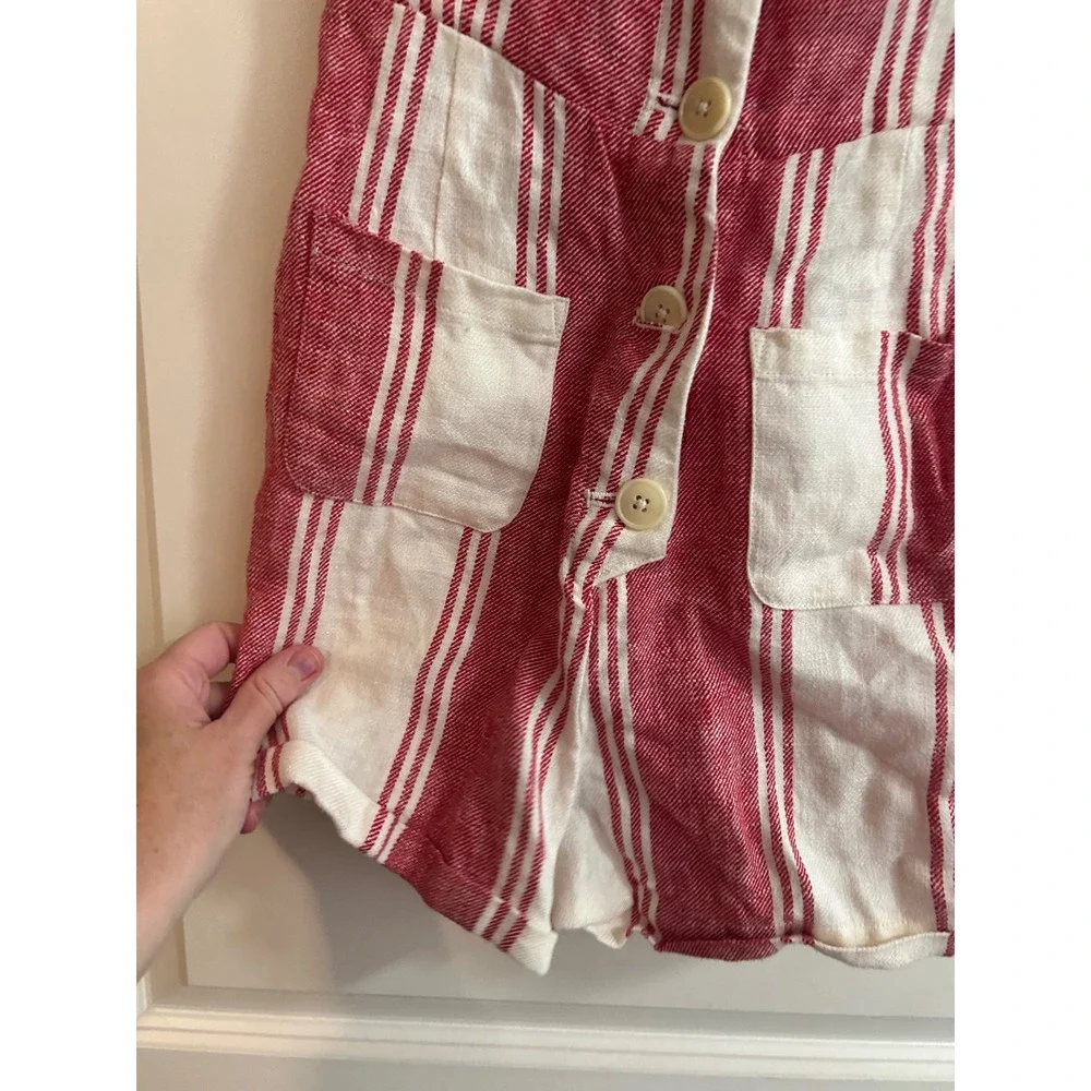 Reformation‎ Red White Striped Linen Romper Button Front Smocked Back Size 0